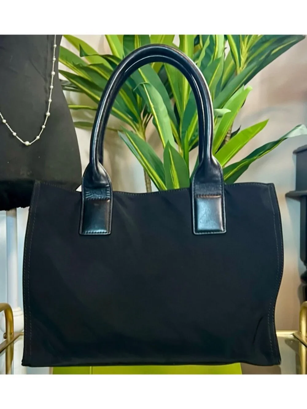 ***Tory Burch Black Nylon Tote Bag With Leather Handles & Studded Logo